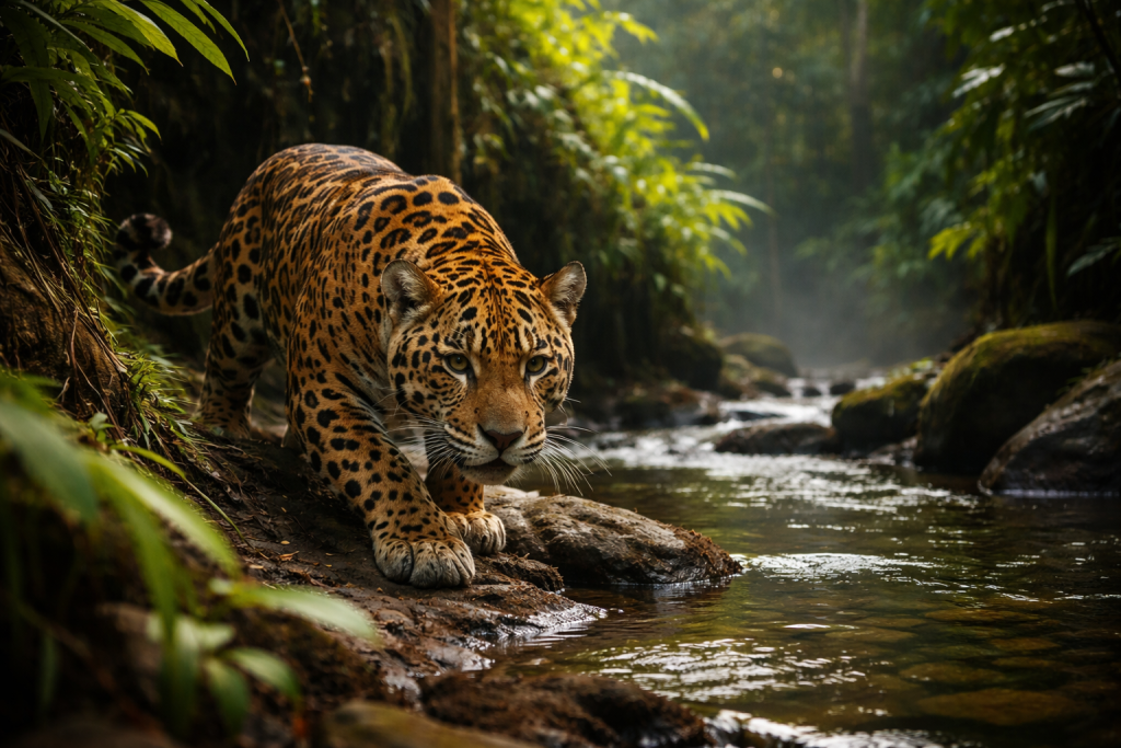 Jaguar prowling along the edge of a stream in dense jungle foliage