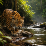 Jaguar prowling along the edge of a stream in dense jungle foliage