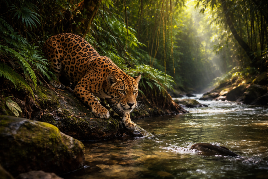 Jaguar crouched on a mossy rock near a flowing forest stream.