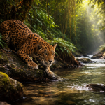 Jaguar crouched on a mossy rock near a flowing forest stream.