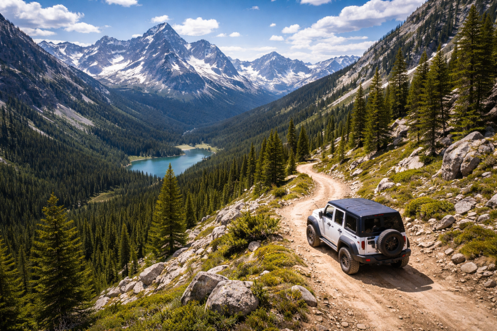 A white Jeep drives along a rocky mountain trail surrounded by pine trees with snow-capped peaks and a lake in the distance.