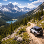 A white Jeep drives along a rocky mountain trail surrounded by pine trees with snow-capped peaks and a lake in the distance.