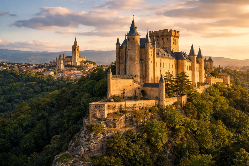 A medieval stone castle with multiple towers on a rocky hill surrounded by dense forest at sunset.