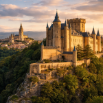 A medieval stone castle with multiple towers on a rocky hill surrounded by dense forest at sunset.