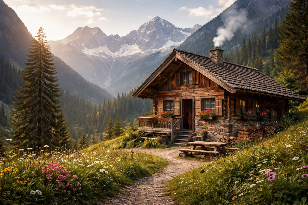 Wooden cabin with smoke from chimney surrounded by wildflowers and pine trees in mountain valley at sunrise.