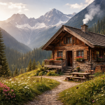 Wooden cabin with smoke from chimney surrounded by wildflowers and pine trees in mountain valley at sunrise.