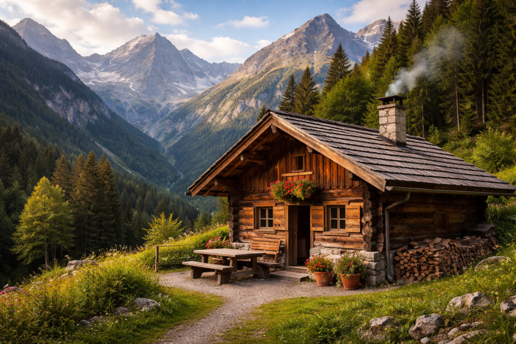 Wooden cabin with smoke from chimney in a green mountain valley with picnic table outside