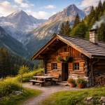 Wooden cabin with smoke from chimney in a green mountain valley with picnic table outside