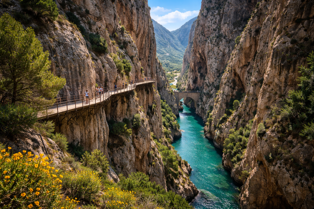 People walking on a narrow wooden walkway along a steep canyon overlooking a turquoise river with a stone bridge.