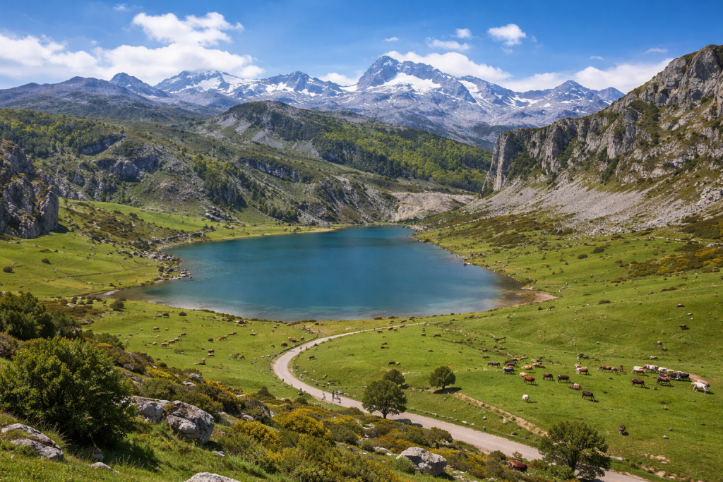 A tranquil mountain lake surrounded by green pastures with cows grazing and snow-capped peaks in the background.