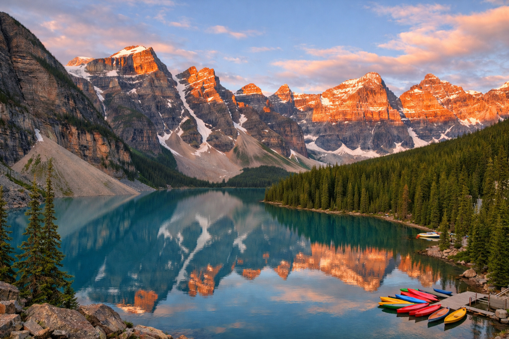 Snowy mountain peaks reflecting in a turquoise lake with colorful kayaks docked on the shore at sunset