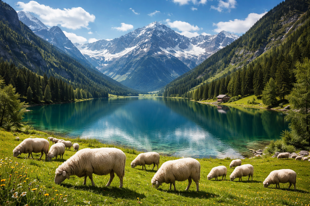 Sheep grazing on green meadow beside a clear alpine lake with snow-capped mountains behind