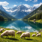 Sheep grazing on green meadow beside a clear alpine lake with snow-capped mountains behind