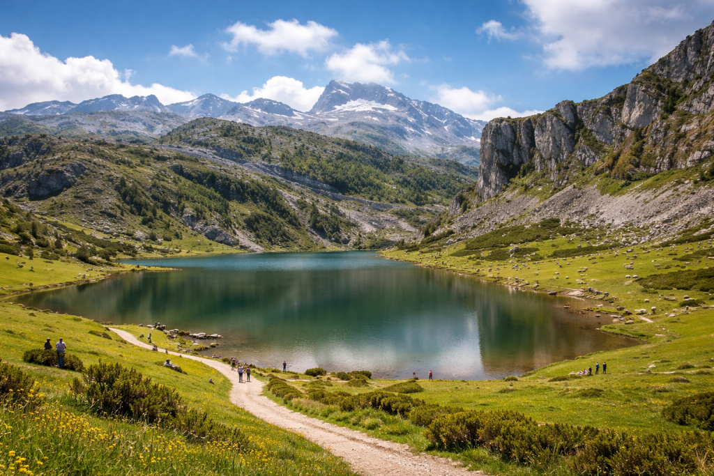 Mountain lake surrounded by grassy hills, rocky cliffs, and distant snow-capped peaks under a partly cloudy sky.