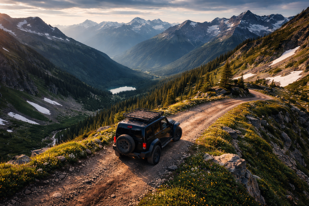 Black SUV driving on a rocky mountain trail surrounded by wildflowers and towering peaks at sunset.