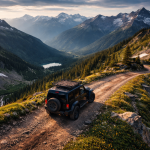 Black SUV driving on a rocky mountain trail surrounded by wildflowers and towering peaks at sunset.