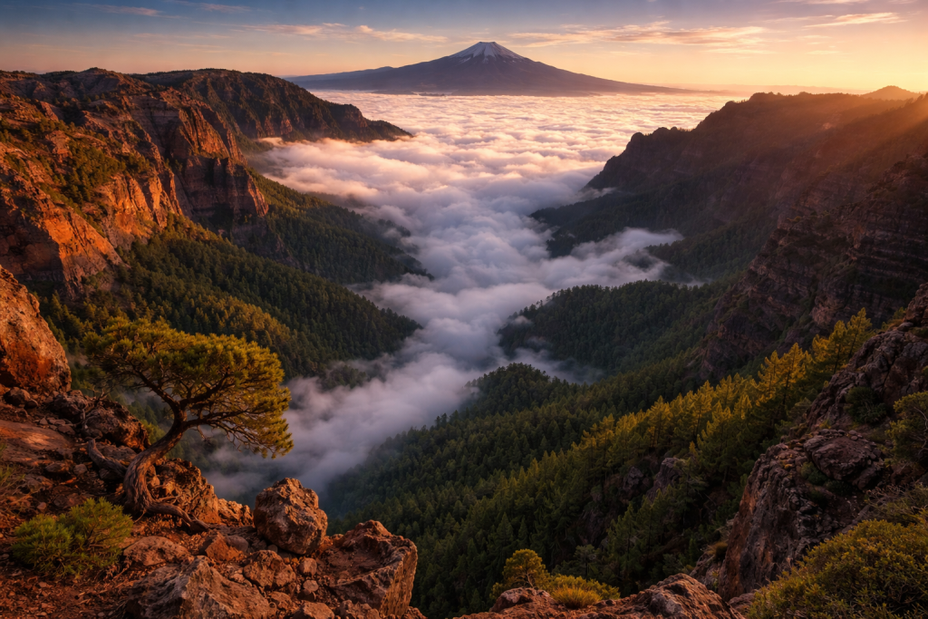 Rocky mountain valley filled with dense, rolling clouds and a distant snow-capped peak at sunrise