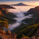 Rocky mountain valley filled with dense, rolling clouds and a distant snow-capped peak at sunrise