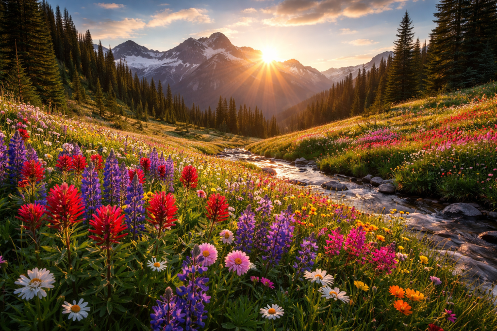Sunset casts warm light over a colorful alpine wildflower meadow with a flowing creek and snow-covered mountains.