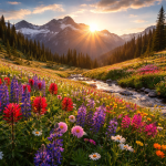 Sunset casts warm light over a colorful alpine wildflower meadow with a flowing creek and snow-covered mountains.