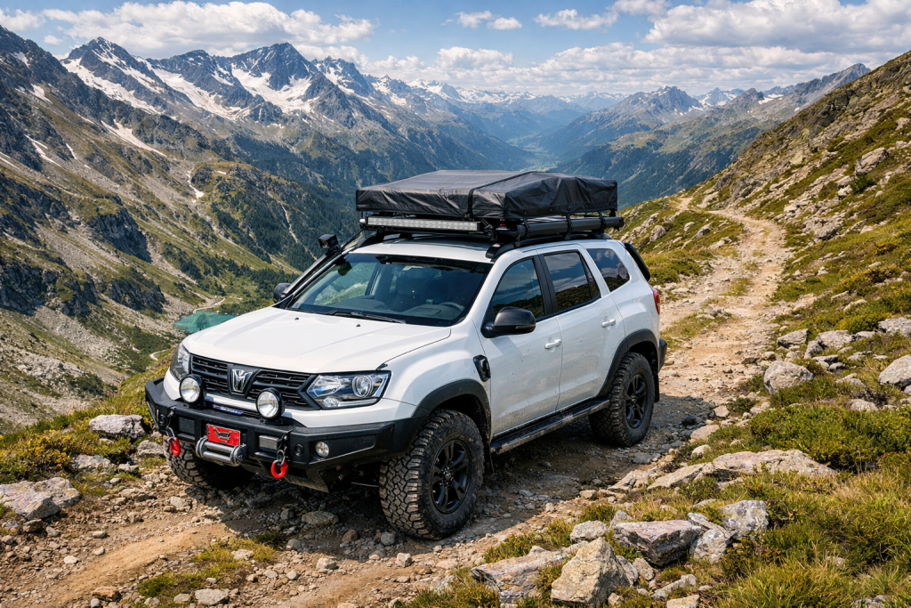 White 4x4 SUV with rooftop tent on rocky mountain trail with snow-covered peaks and valley behind.