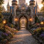 Cobblestone pathway leading through an ornate stone medieval castle gate with towers and colorful banners.