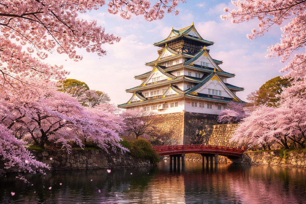 Osaka Castle surrounded by blooming cherry blossom trees and a red bridge over calm water.