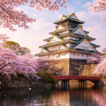 Osaka Castle surrounded by blooming cherry blossom trees and a red bridge over calm water.