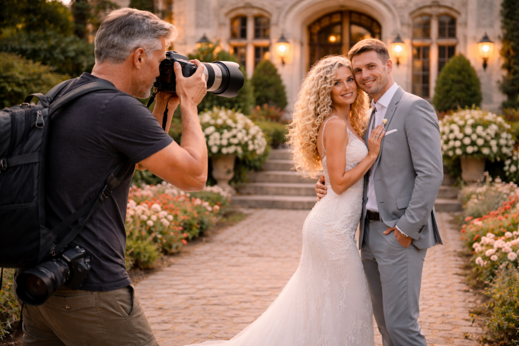 Photographer taking a picture of a smiling bride in a lace dress and groom in a gray suit outside a historic building.