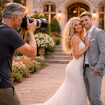 Photographer taking a picture of a smiling bride in a lace dress and groom in a gray suit outside a historic building.