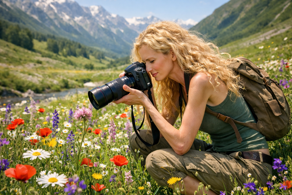 A woman with curly blonde hair takes close-up photos of colorful wildflowers in a mountain meadow.