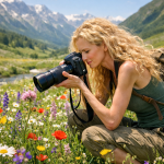 A woman with curly blonde hair takes close-up photos of colorful wildflowers in a mountain meadow.