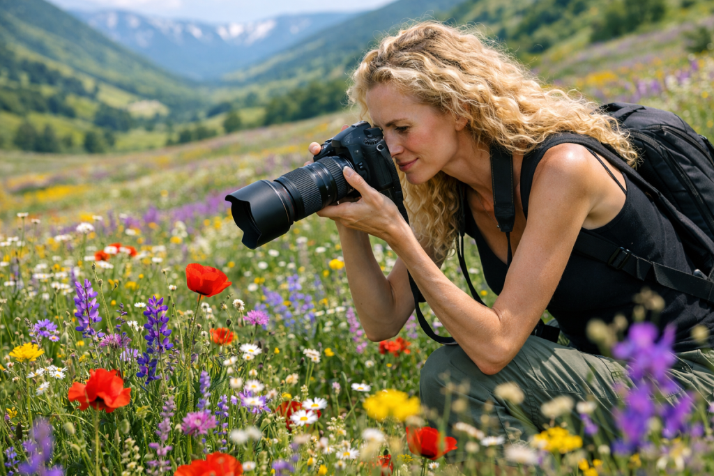 Woman with curly blonde hair photographing colorful wildflowers in a meadow with mountains in the background