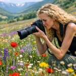 Woman with curly blonde hair photographing colorful wildflowers in a meadow with mountains in the background