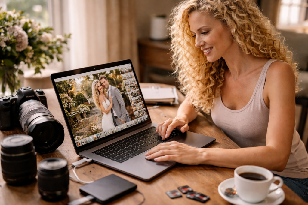 Curly blonde woman editing wedding photos on a laptop at a wooden table with camera gear nearby