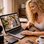 Curly blonde woman editing wedding photos on a laptop at a wooden table with camera gear nearby
