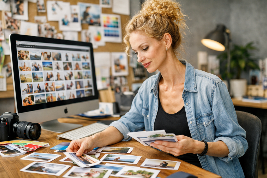 Woman seated at desk sorting printed photos with computer and camera nearby
