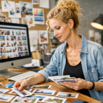 Woman seated at desk sorting printed photos with computer and camera nearby