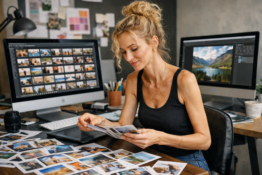 Woman at desk looking at printed photos with two computer monitors displaying photo editing software