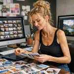 Woman at desk looking at printed photos with two computer monitors displaying photo editing software