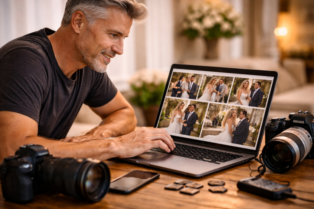 Man smiling while viewing wedding photo gallery on laptop with cameras on table