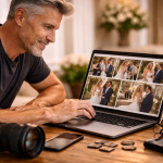 Man smiling while viewing wedding photo gallery on laptop with cameras on table