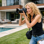 Blonde woman with curly hair takes photos with a DSLR camera near a residential swimming pool.