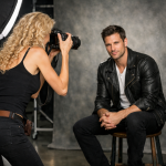 Female photographer taking a portrait of a man in a leather jacket seated on a stool in a studio.