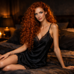 Red-haired woman sitting on bed wearing a black lace nightgown in warmly lit bedroom.