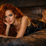 A red-haired woman with blue eyes lying on a bed, wearing a black lace dress in a dimly lit room.