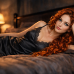 A woman with long red hair reclines on a bed wearing a black lace-trimmed slip dress.