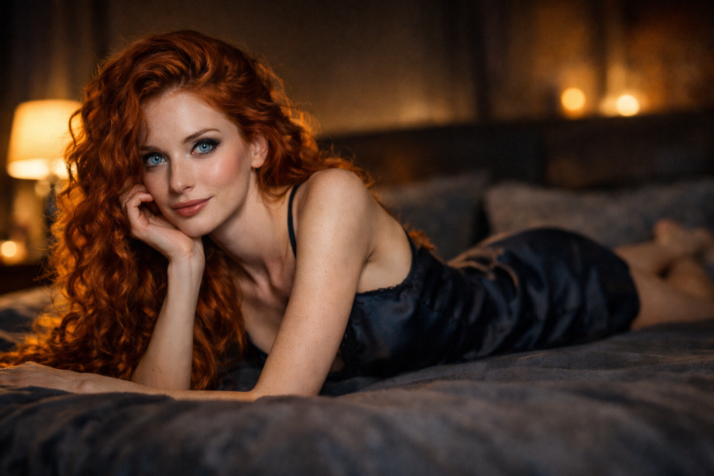 A red-haired woman with blue eyes lies on a bed wearing a black satin dress in a warmly lit room.