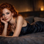 A red-haired woman with blue eyes lies on a bed wearing a black satin dress in a warmly lit room.