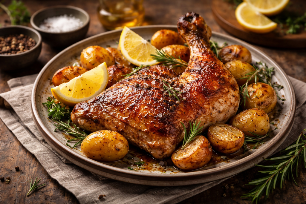 Plate with a roasted chicken leg garnished with herbs, roasted baby potatoes, and lemon wedges